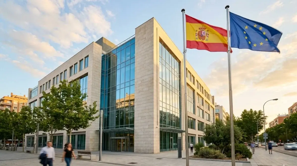 Oficina moderna en Madrid con ventanales y bandera de España, sede corporativa de un operador de apuestas con licencia