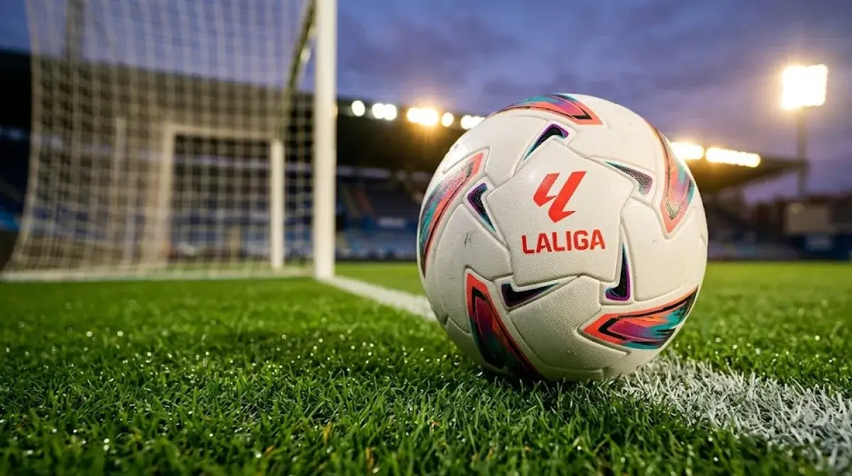 Balón de fútbol sobre césped verde en un estadio español con luces encendidas