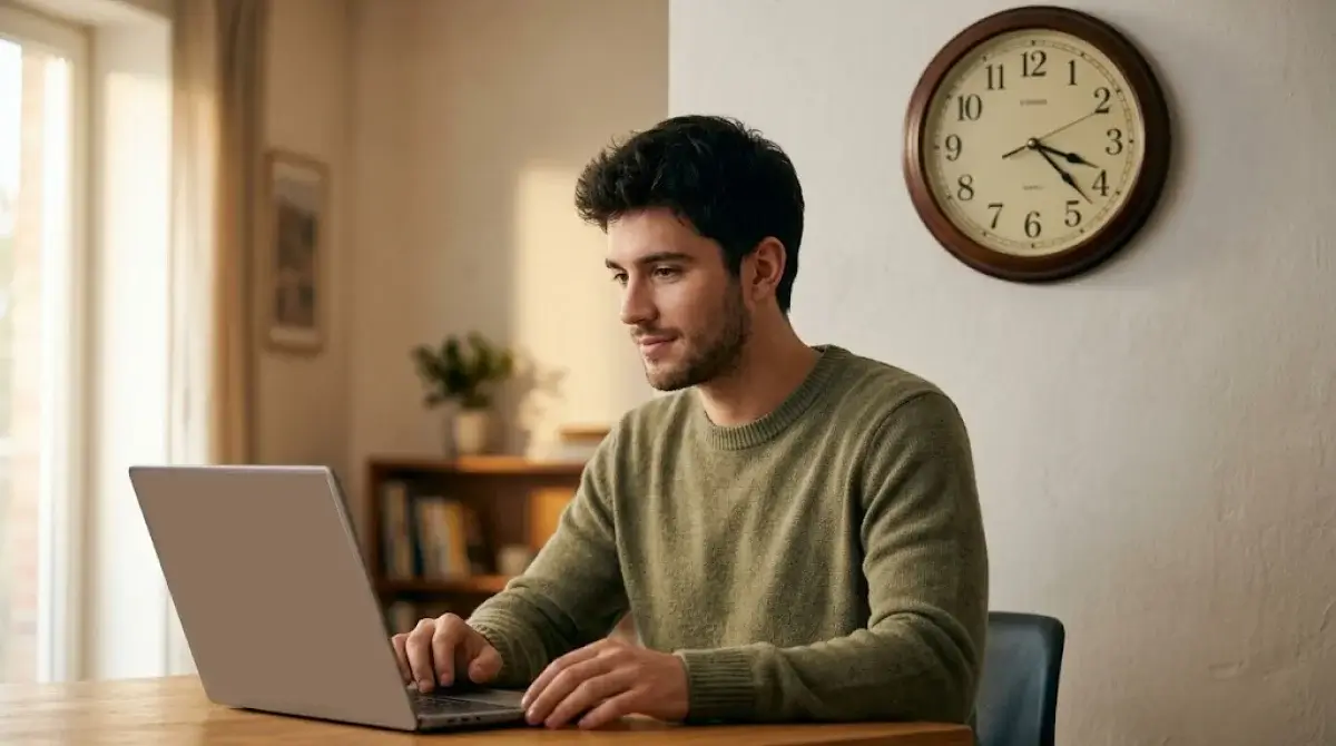 Hombre joven frente al portátil consultando el historial de transacciones con un reloj de pared marcando la hora